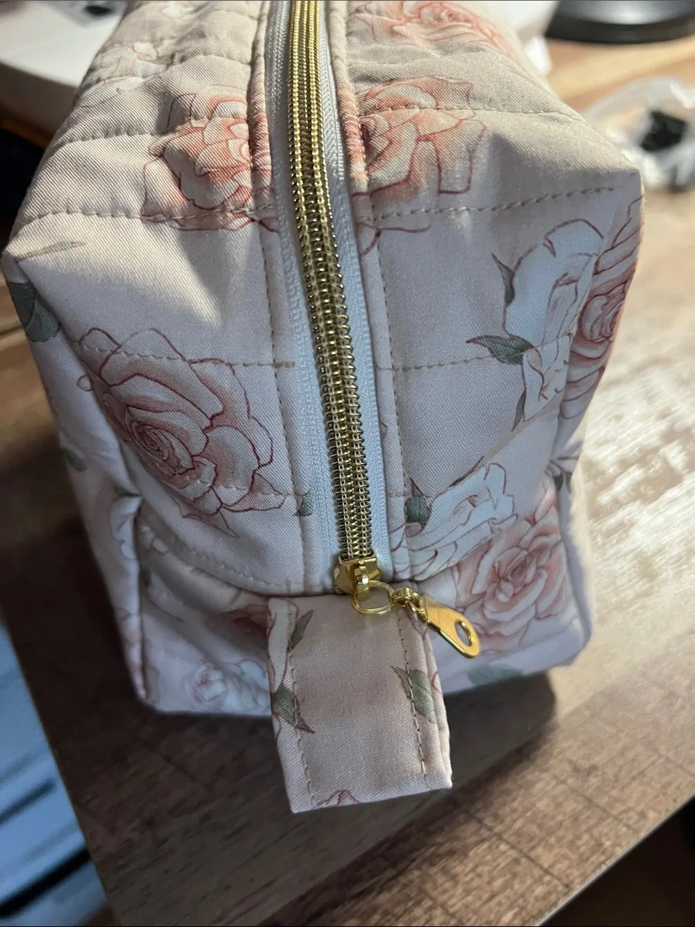 Floral Quilted Cosmetic Pouch in Blush Rose